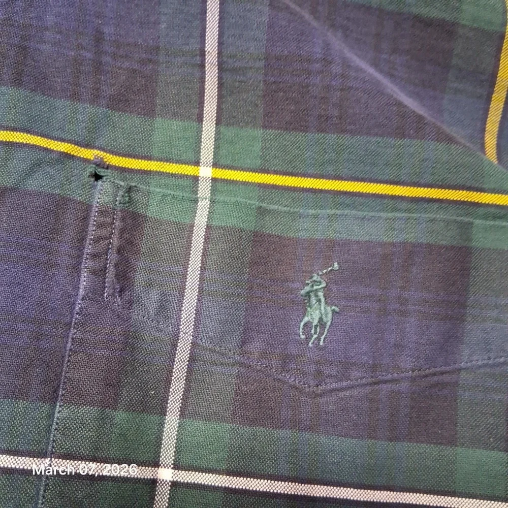 VTG‎ Polo by Ralph Lauren Big Shirt Blue and Green Plaid Size Medium Distressed